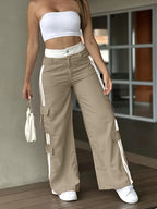 Women's Heavy-Duty Pants (Cargo Pants) with Piping Stripe & Large Cargo Pockets - Full-Length Heavy-Duty Pants for, Outdoor, Workwear - Beltless Design, All-Season Casual Wear (No  Compatible) - Attire - Khaki