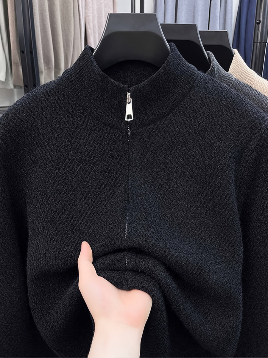 New Spring/Autumn Men's Solid Color Long-Sleeve Knit Sweater for Urban Mature Men's Casual Outdoor Fashion - Black