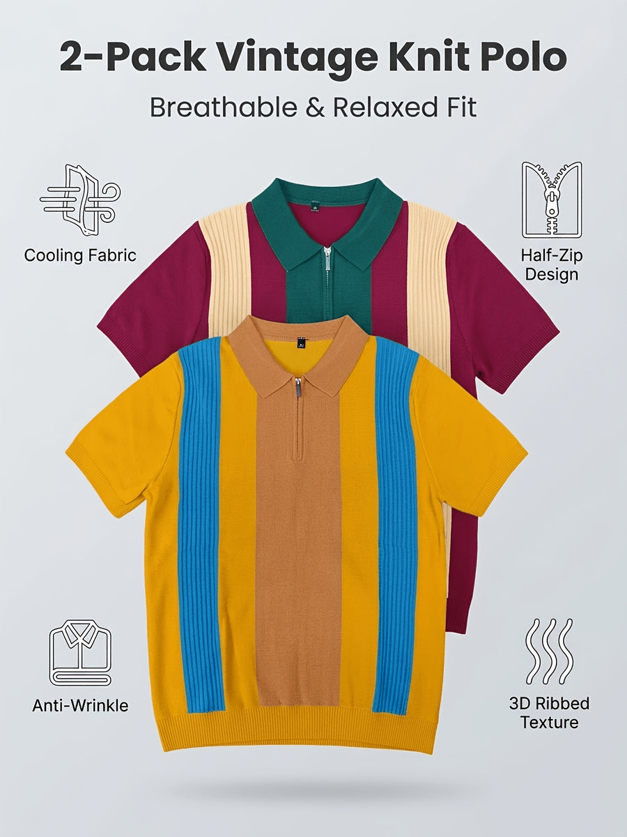 Old Money Style Men's Half-Zip Contrast Color Vertical Stripe Knit Polo 2pcs Set, Ice Silky Fiber Fabric, Breathable Business Casual Short-Sleeve Suit Sweater - 2PACK-YP