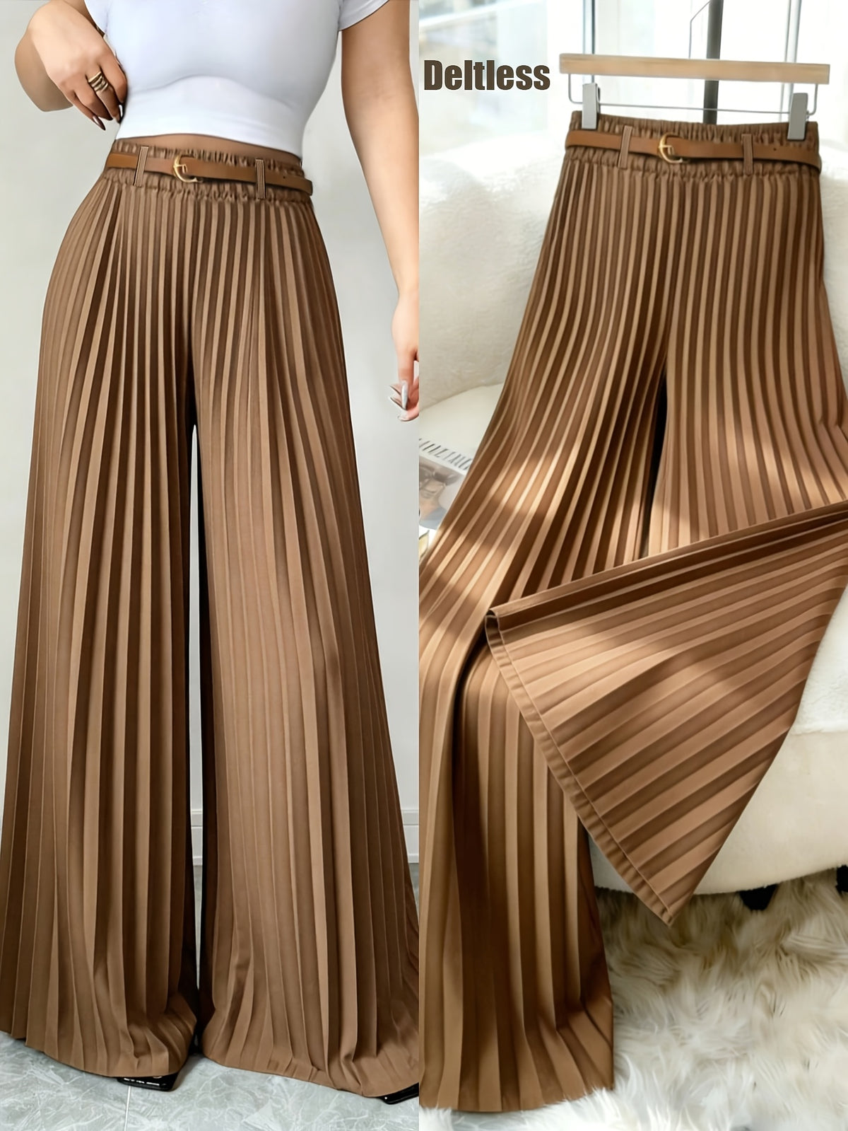 ASD1 Women's New Elegant Solid Color Stretch Waist Pleated Wide-Leg Pants, Designed Specifically for Commuting, Belt Not Included - 【Brown】