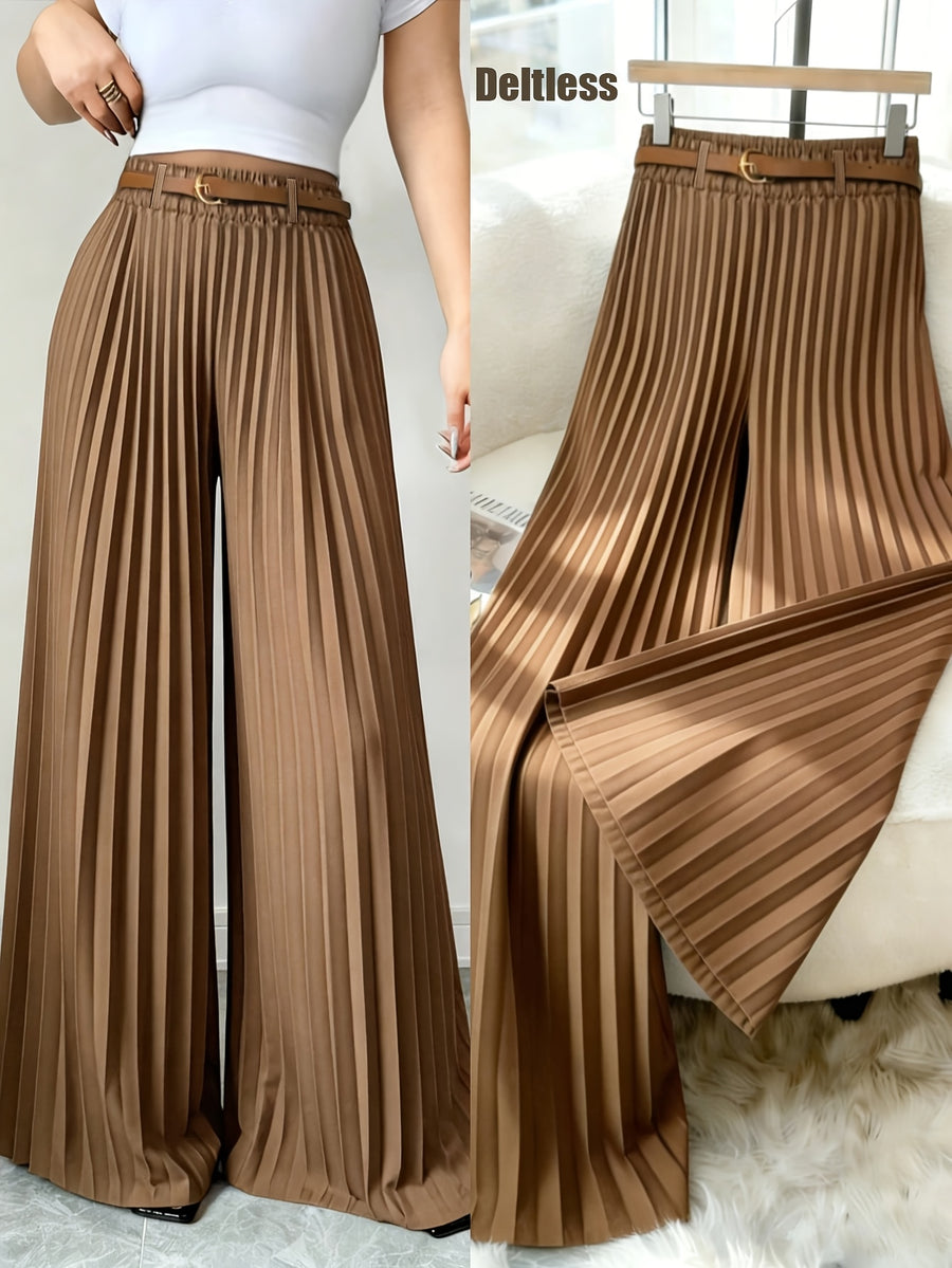 ASD1 Women's New Elegant Solid Color Stretch Waist Pleated Wide-Leg Pants, Designed Specifically for Commuting, Belt Not Included - 【Brown】