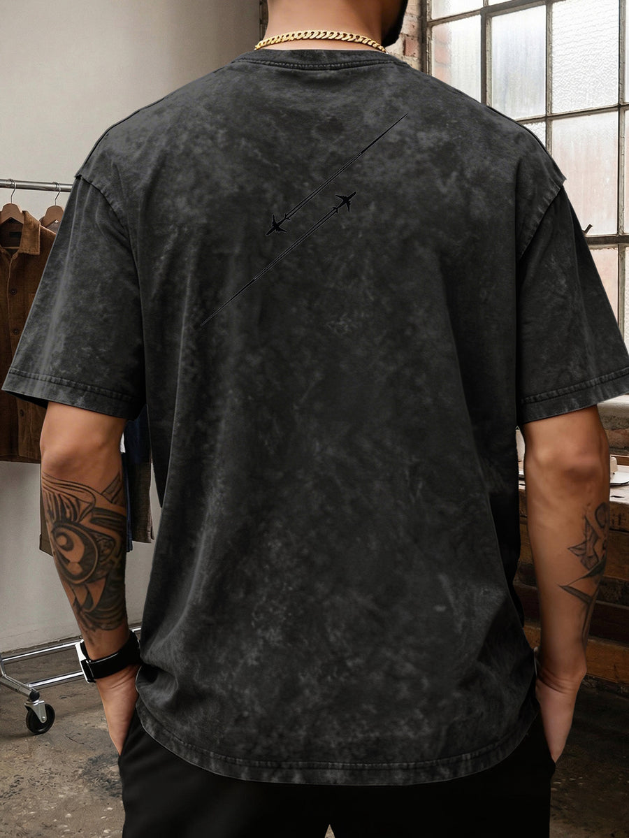 Men'S Heavyweight Washed T-Shirt Minimalist Airplane Line Art Print High Street Vintage Distressed Tee 2026 Summer Casual Urban Wear - Black