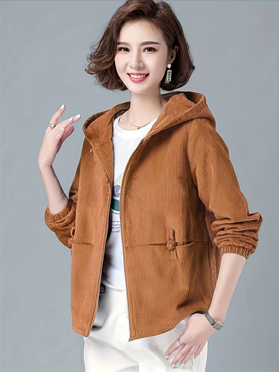 2025 Autumn Fashion Hooded Zipper Jacket for Women Korean Corduroy Loose Zipper Cardigan Versatile Slim - Rust