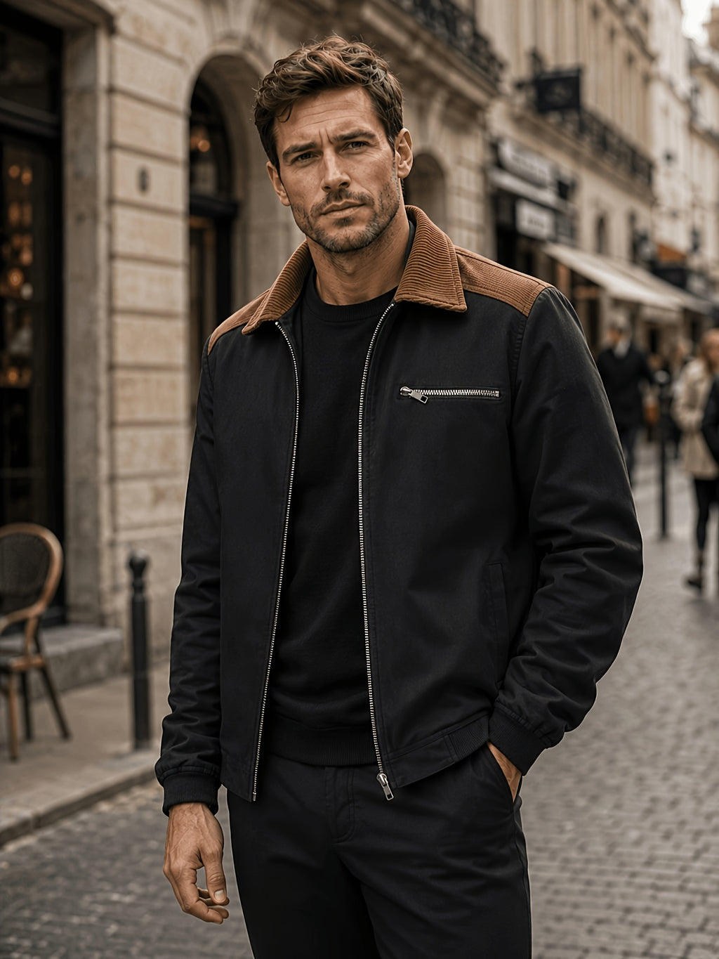 Men'S Regular Fit Lapel Collar Casual Outerwear, Zip-Front Jacket with Corduroy Splicing Detail for Retro Street & Daily Activities - Black