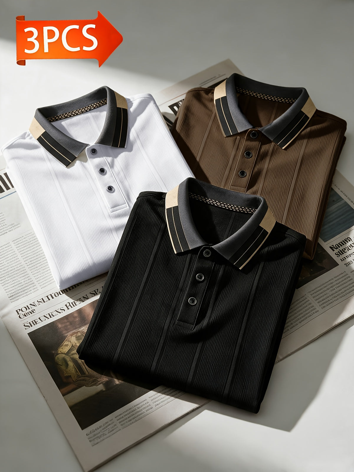 [Pearson OBM] Men'S Textured Jacquard Fabric Fashion Short Sleeve T-Shirt 3pcs Set, Suitable for Daily Casual Outings And Work Wear, Ideal Men'S Holiday Gift - White+Black+Coffee