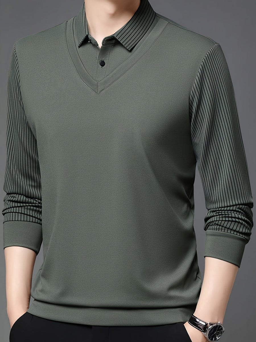 Men'S Shirt Collar Faux Two-Piece Polo Sweater, Suitable for Middle-Aged Men, Commute And Business Gatherings - SINBOS, Knit - Bean Green