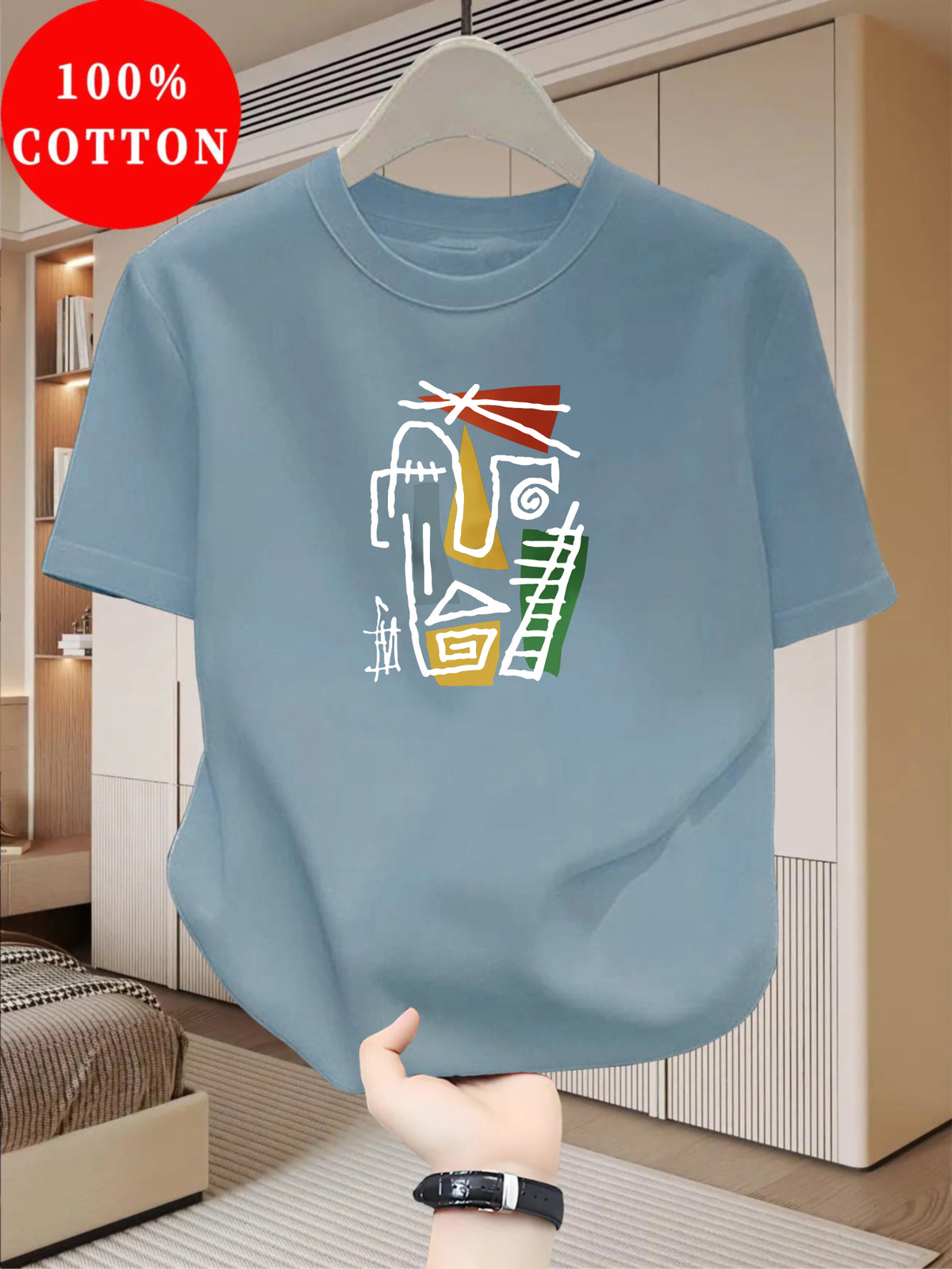 100% Cotton Men's T-Shirt, Summer Short Sleeve Lightweight Top, Trendy Fashionable Loose Fit Casual Versatile Crew Neck, Breathable and Comfortable, Abstract Geometric Line Art Human Face Print Pattern - Blue
