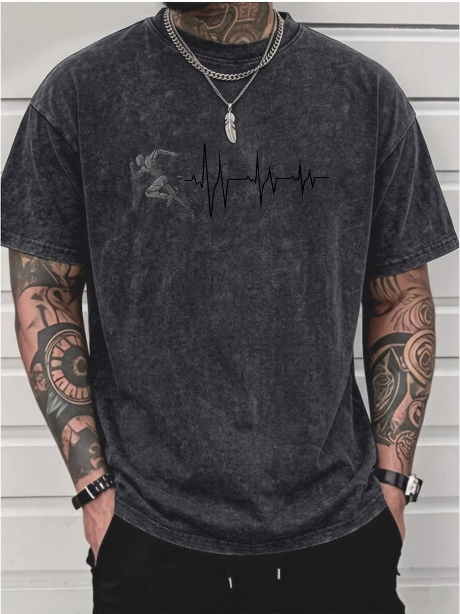 Men's Washed Short-Sleeve T-Shirt, Made of Pure Cotton Fabric That Is Breathable and Skin-friendly. The Relaxed Fit Is Comfortable and Versatile. Features a Creative Print of a Runner on the Front + EKG, Combining Athletic Passion with the Rhythm - Black