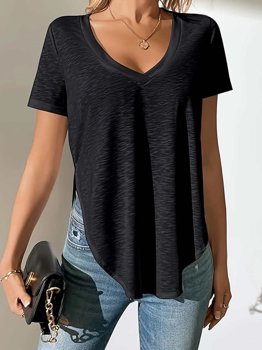 Bamboo-Section Micro-Sheer V-Neck Side-Slit Casual T-Shirt - Black