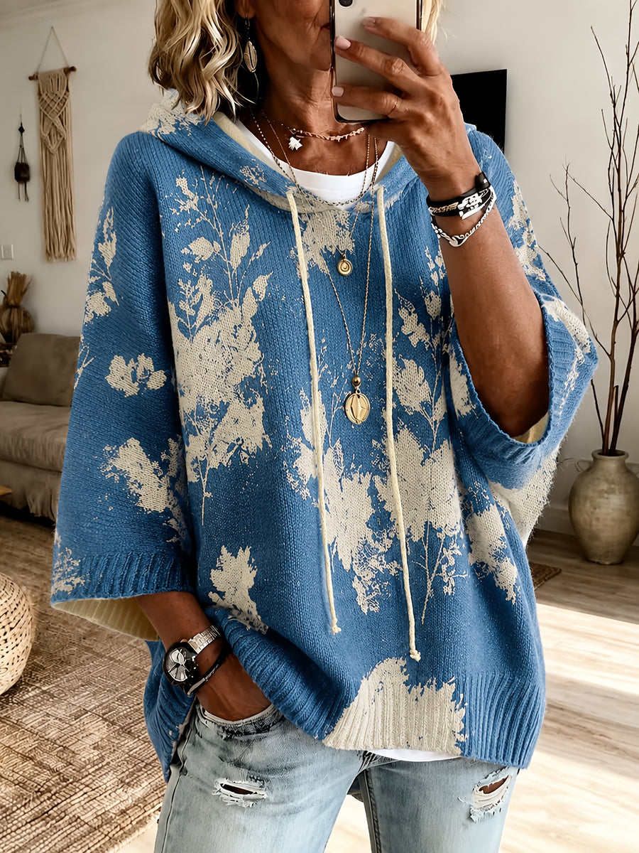 2026 Women'S Fall Winter Vintage Floral Print Hooded 3/4 Sleeve Cape Sweater Top with Drawstring Design, Lazy Style Fashion Versatile Casual Commute Vacation Pullover Top Women'S Clothing - Dark Blue 1