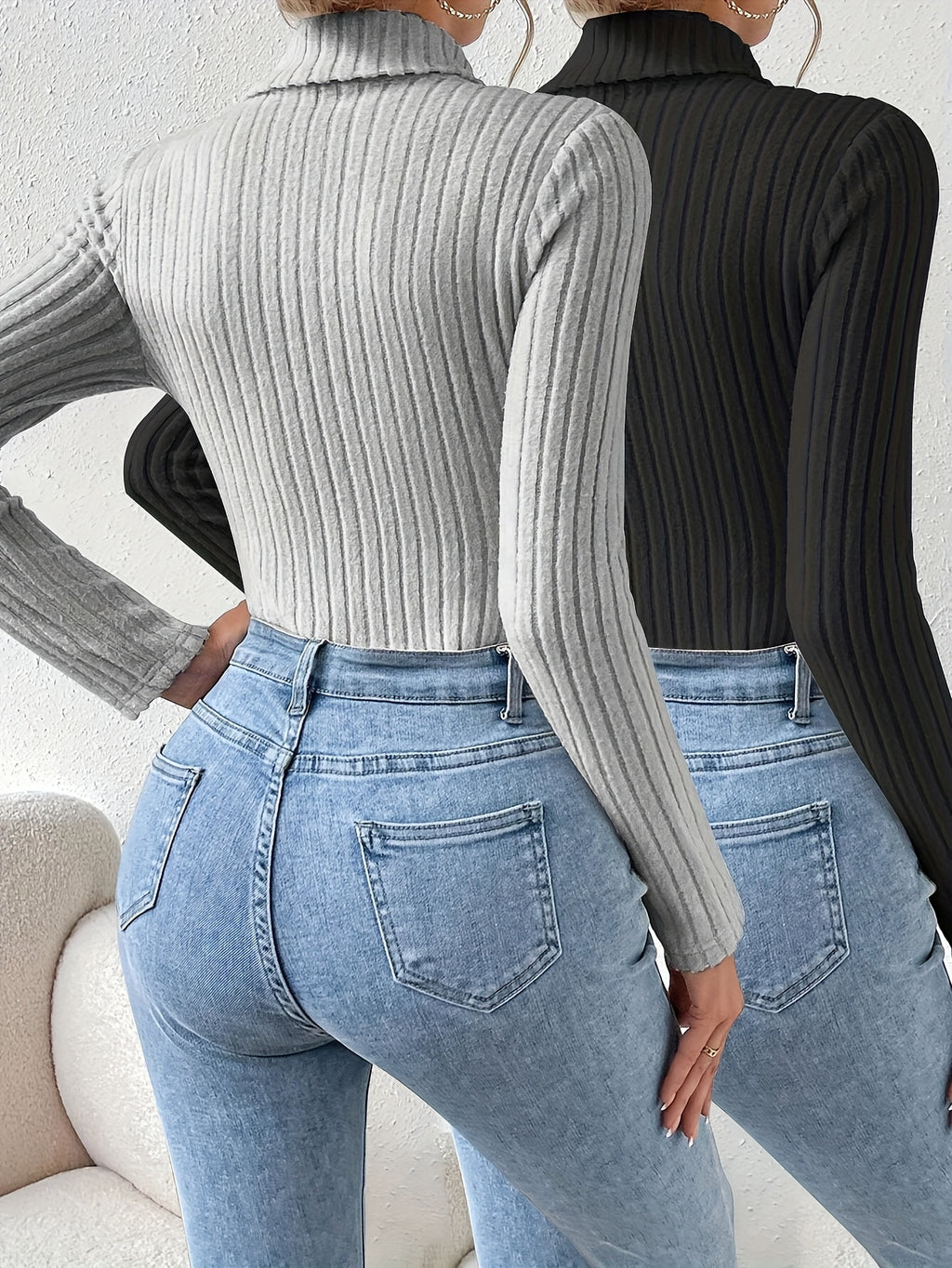 2pcs High Neck Ribbed Ribbed Slim Bodysuit + YTD Cherry - Black+gray