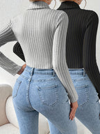 2pcs High Neck Ribbed Ribbed Slim Bodysuit + YTD Cherry - Black+gray