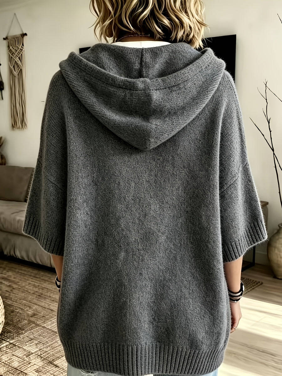 Women's Elegant Casual Three-Quarter Sleeve Drawstring Hooded Sweatshirt - Dark Gray
