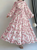 Women's Casual Fashion Dress for Dates, Parties, and Vacations, Middle Eastern Muslim Chiffon Printed Long Dress with Belt, Gentle, Temperamental, and Elegant - Pink