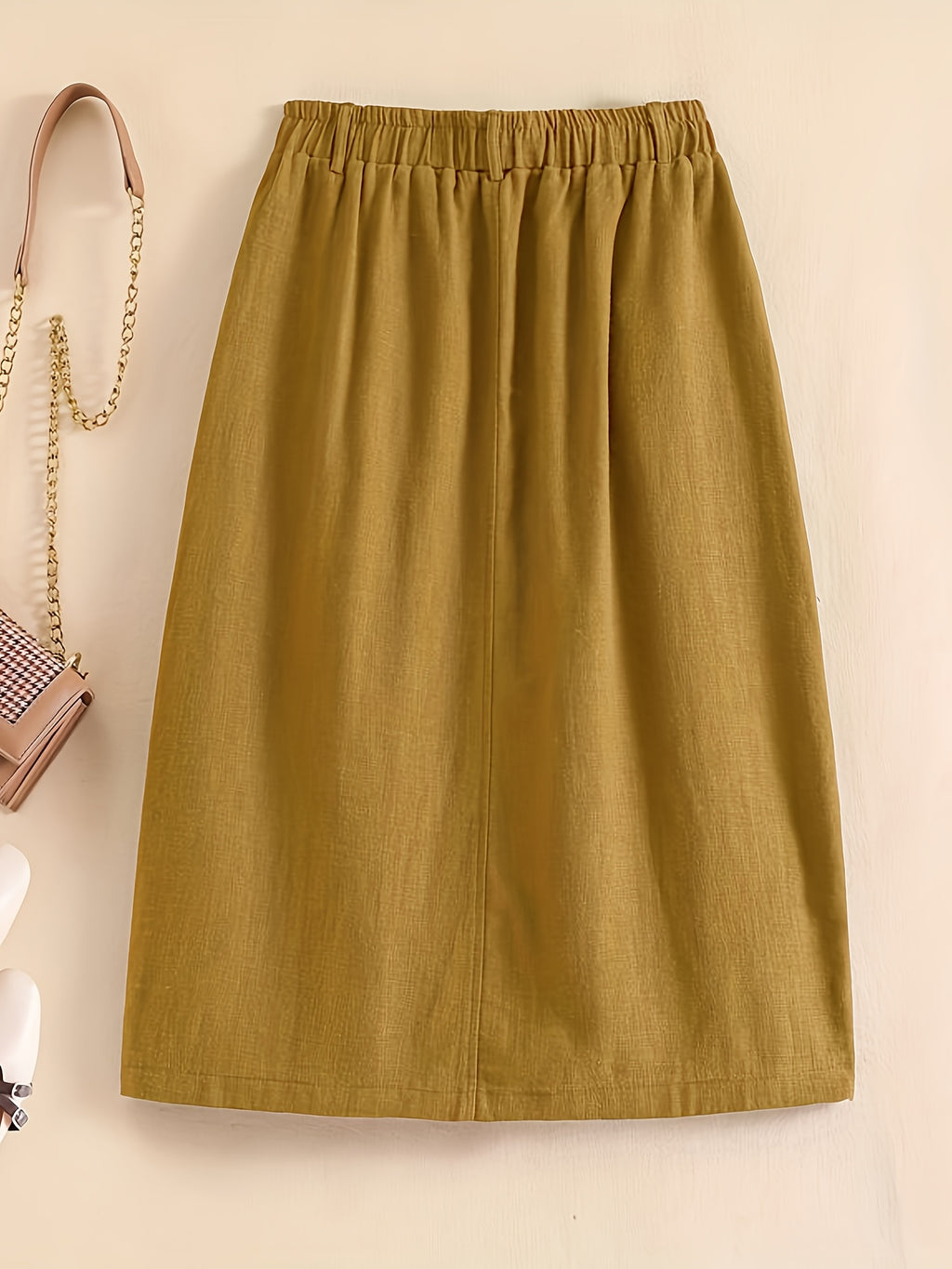 Spring/Summer/Autumn Lightweight Korean-Style Vintage Linen Loose Skirt with Elastic Waistband and Pockets, Mid-Length Women's Skirt - Yellowish-brown