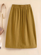 Spring/Summer/Autumn Lightweight Korean-Style Vintage Linen Loose Skirt with Elastic Waistband and Pockets, Mid-Length Women's Skirt - Yellowish-brown