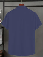 Men'S Solid Color Short Sleeve Shirt, Summer Lightweight Breathable Fabric, Classic Collar, Loose Fit, Textured Fabric, Suitable for Casual, Office & Weekend Wear, Short Sleeve Top, Non-Stretch Material, Durable Casualwear, Outdoor Casual - Navy Color