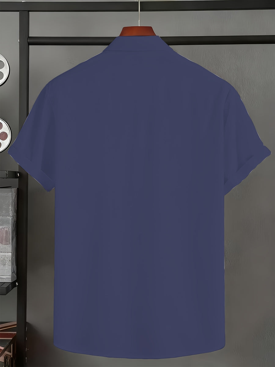 Men'S Solid Color Short Sleeve Shirt, Summer Lightweight Breathable Fabric, Classic Collar, Loose Fit, Textured Fabric, Suitable for Casual, Office & Weekend Wear, Short Sleeve Top, Non-Stretch Material, Durable Casualwear, Outdoor Casual - Navy Color
