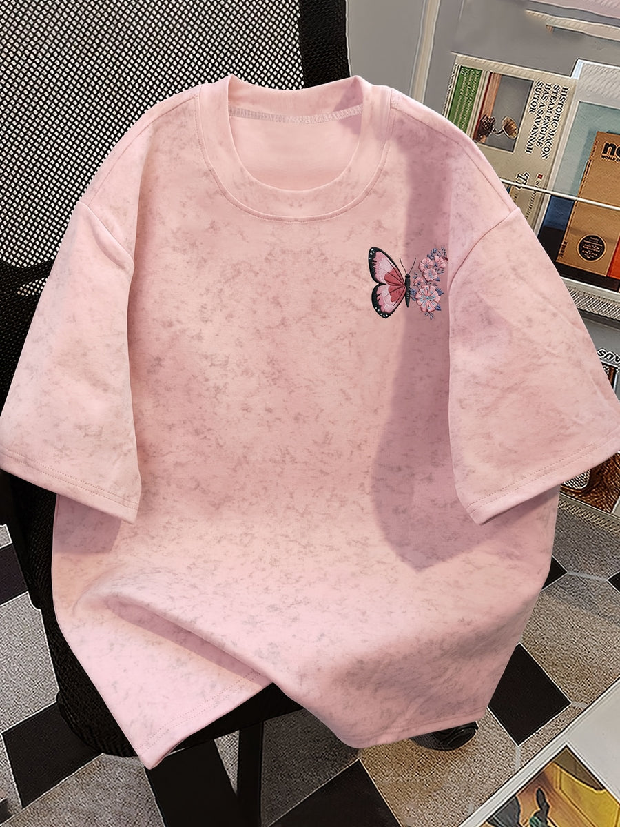 Women' Vintage Batik T-Shirt - Butterfly & Floral Print Short-Sleeve -Fit Top | Non- Suitable for Spring/Summer Casual Wear | Machine Washable Loose Boyfriend Shirt with Batik (No Transparency) - Pink
