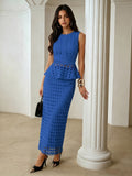 French Hollow-Out Lace Spliced Camisole Top And Straight Midi Skirt 2pcs Set, Elegant Women'S Wear for Daily Commute And Dating - Royal Blue