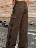Women's Elastic Drawstring Waist Casual Cargo Wide-leg Pants, Side Vertical Stripe Design, Multiple Pockets, Loose Straight Fit, Casual Street Style, All-season Pants - Coffee Color