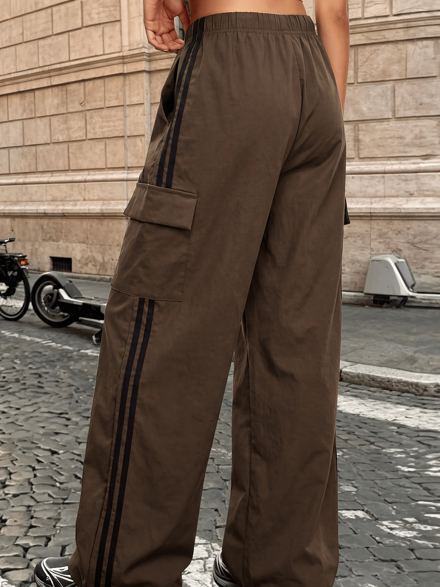 Women's Elastic Drawstring Waist Casual Cargo Wide-leg Pants, Side Vertical Stripe Design, Multiple Pockets, Loose Straight Fit, Casual Street Style, All-season Pants - Coffee Color