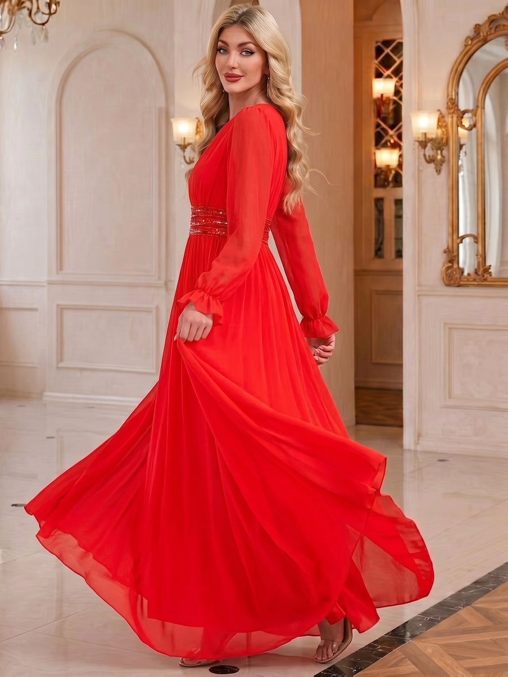 Fashionable Elegant Party Dress, Bridesmaid Dress, Sequined Ruffled Waist, Graceful And Elegant, Suitable for Weddings, Holidays, Afternoon Tea, Valentine'S Day, Wedding Parties - Red