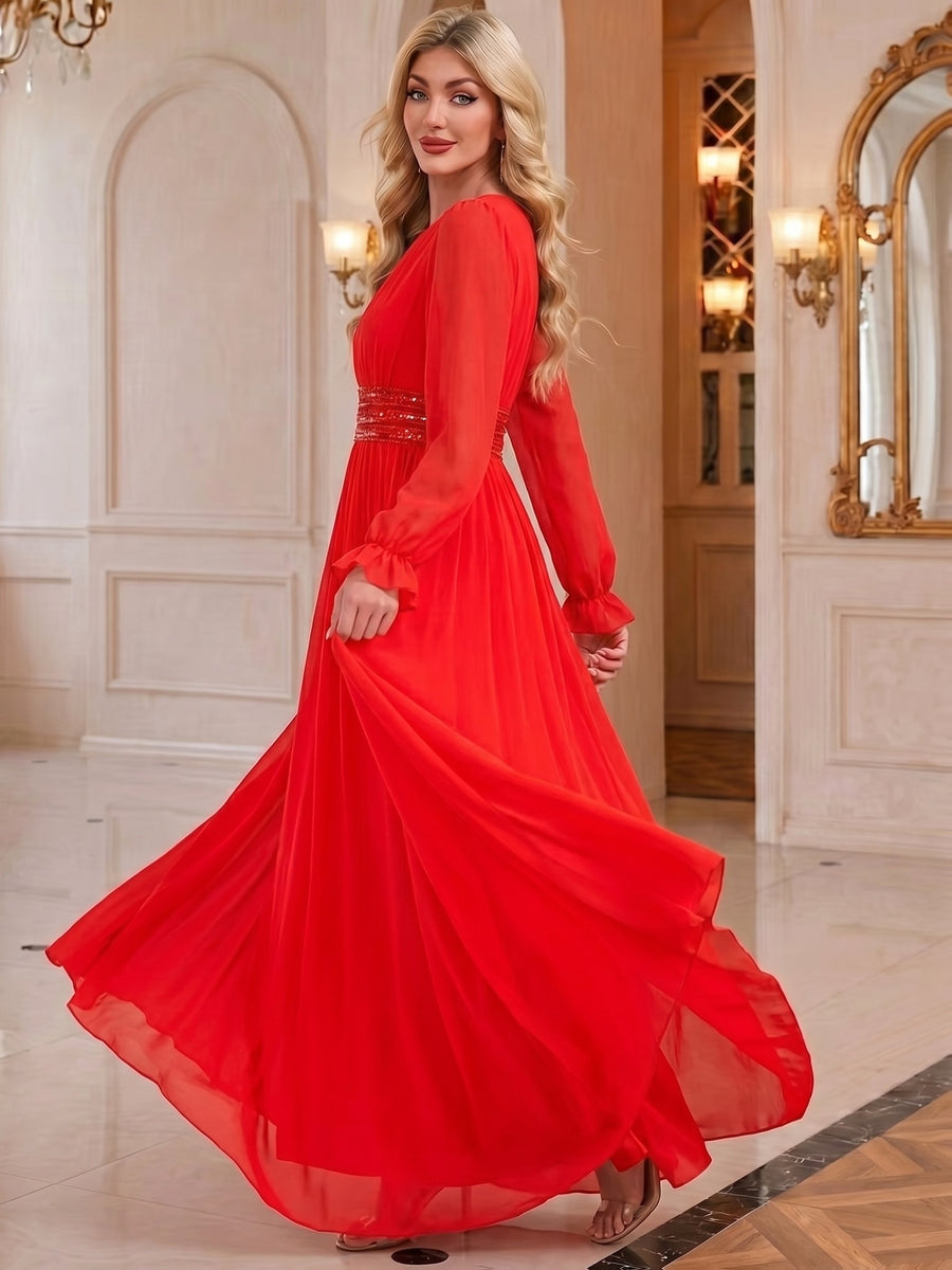 Fashionable Elegant Party Dress, Bridesmaid Dress, Sequined Ruffled Waist, Graceful And Elegant, Suitable for Weddings, Holidays, Afternoon Tea, Valentine'S Day, Wedding Parties - Red