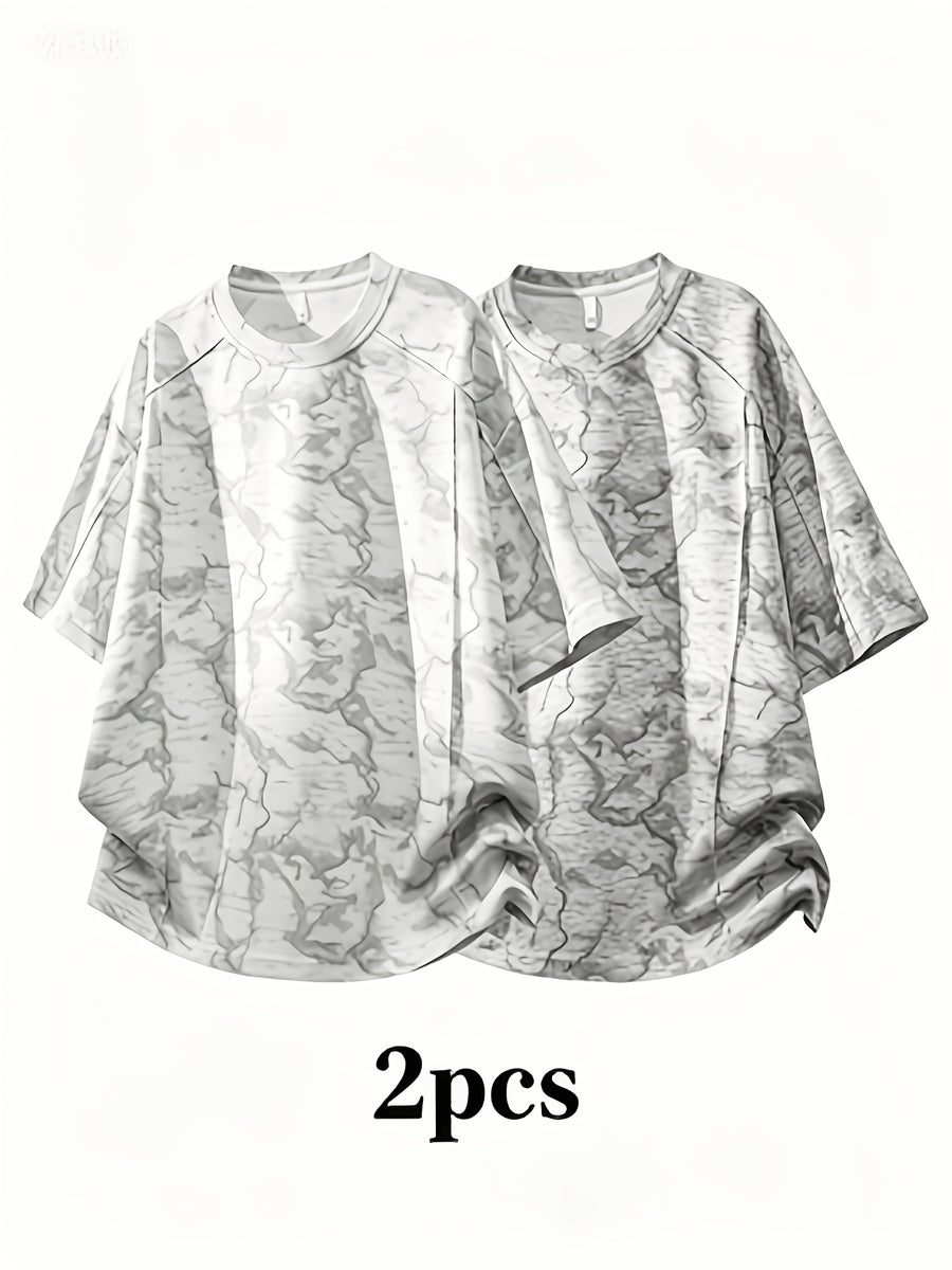 2pcs Summer New Short-Sleeved T-Shirt Men'S Round Neck Loose Ice Fiber Fabric T-Shirt Tie-Dye Gradient Pullover - White Flower Ash Light Gray