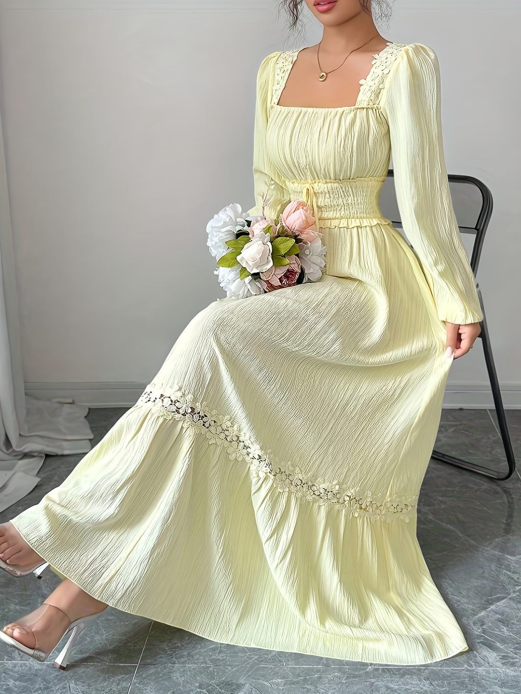 New Spring/autumn Cream Yellow French Ruffle Square Neckline Elegant Slim-fit Long-sleeved Dress, Women's Autumn - 【Light Yellow】