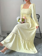 New Spring/autumn Cream Yellow French Ruffle Square Neckline Elegant Slim-fit Long-sleeved Dress, Women's Autumn - 【Light Yellow】