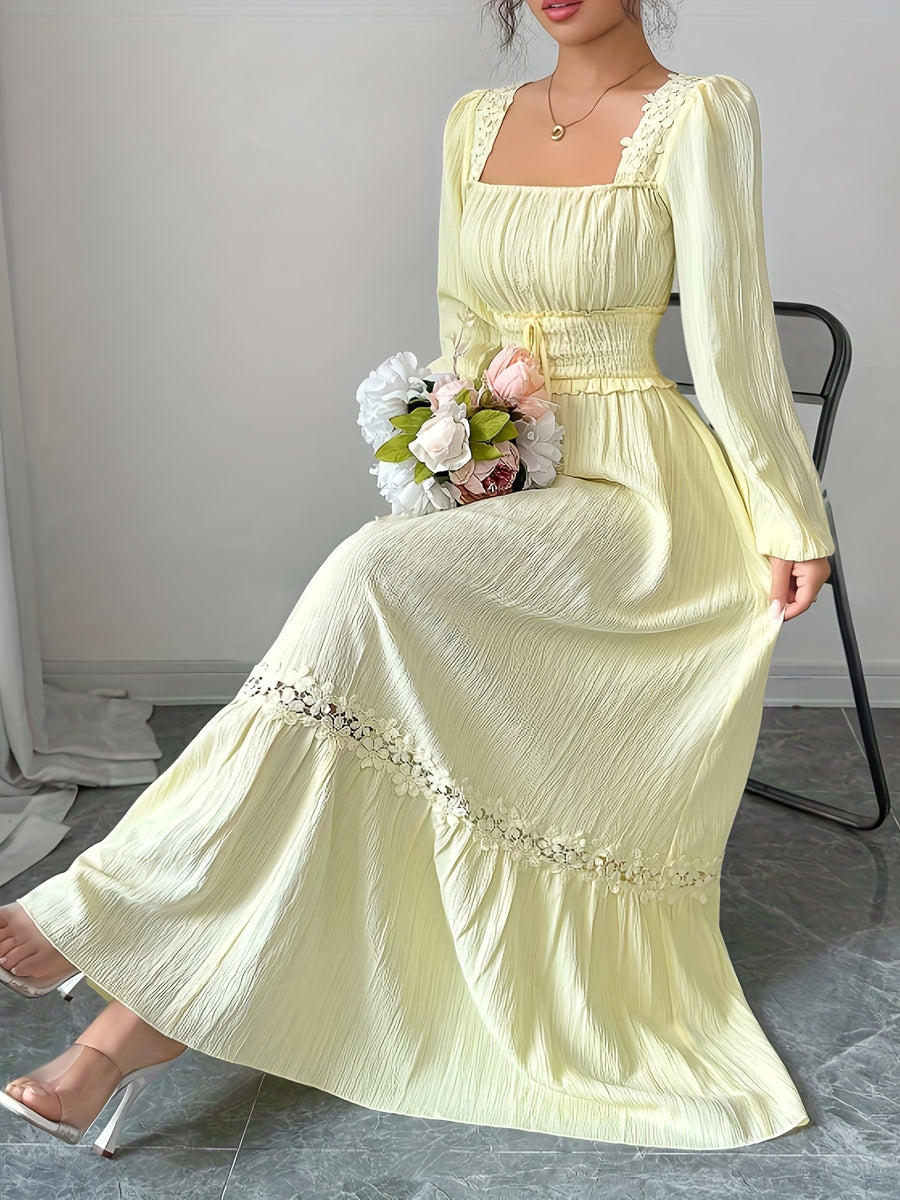 New Spring/autumn Cream Yellow French Ruffle Square Neckline Elegant Slim-fit Long-sleeved Dress, Women's Autumn - 【Light Yellow】