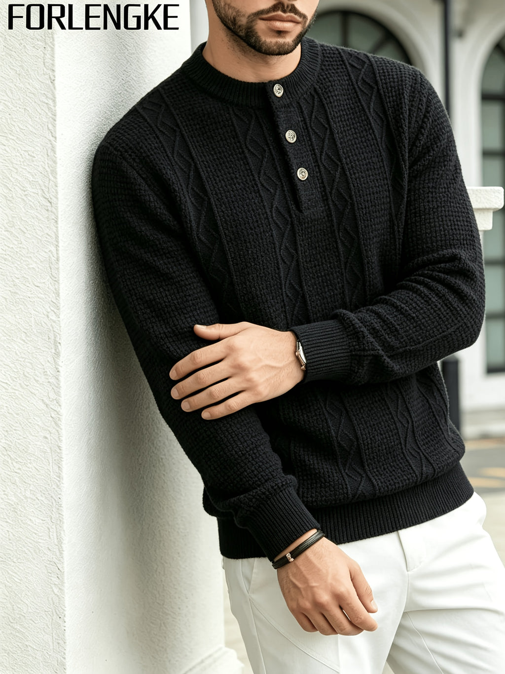 FORLENGKE Men Business Casual Henley Collar Cable Knit Sweater, Soft Warm Long Sleeve Pullover Tops for Autumn Winter Office Daily Wear - Black
