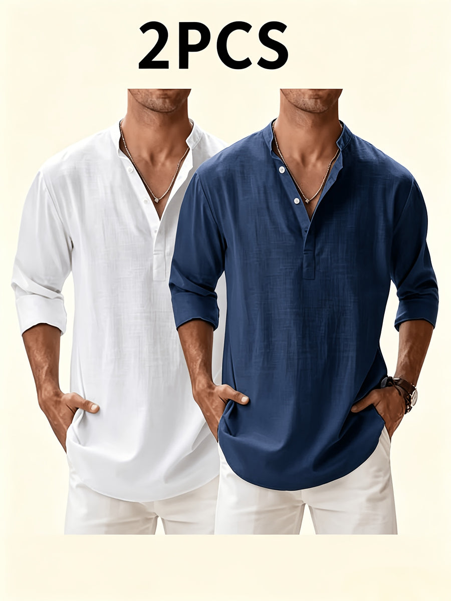 Men'S Solid Color Stand Collar Linen Long Sleeve (2-Pc), Breathable And Comfortable, Suitable for Spring And Autumn Wear - White + Navy Blue