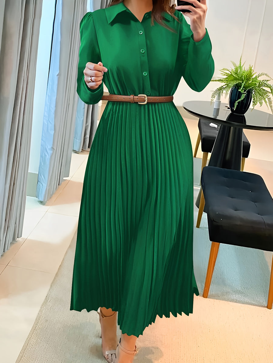 Spring/Autumn Long Sleeve Lapel Elegant Fashion Versatile Ruched Dress with Belt, Women'S - Green