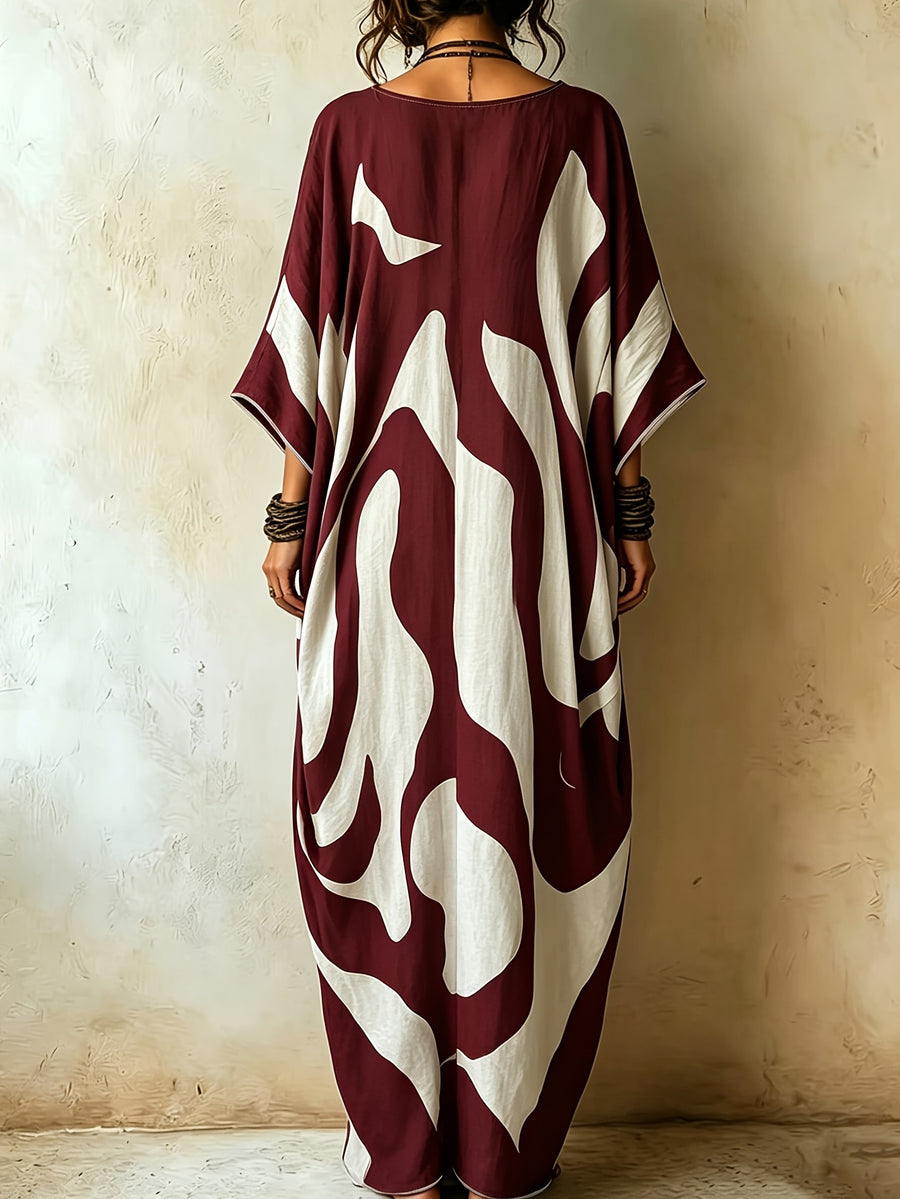 Boho Abstract Color Block Print Kaftan Dress for Women, V-Neck Batwing Sleeve Oversized Vacation Maxi Dress, Beach Cover Up Kaftan Gown - Red