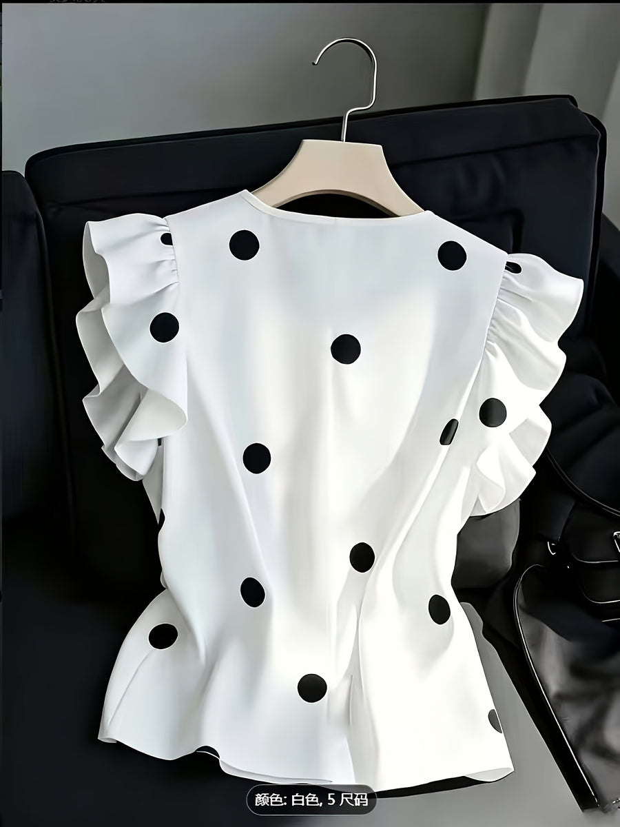 New Ruffled Fashion Polka Dot Vest, Suitable for Work, Weddings, Parties, Concerts, Brunch, Airport, Daily Fashion, Suitable for Halloween, Christmas, Retro Style - White
