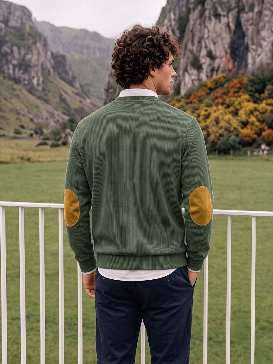 Men'S Corduroy Long-Sleeve Crew-Neck Pullover Leisure Work Outdoor Daily Wear Faux Collar Elbow Patches Design Loose Regular Fit Suitable for Spring, Autumn, And Winter Four Seasons Solid Color Minimalist Tone - Olive Green Color