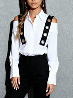 Elegant Women'S Commuting Urban Casual Shirt with Eyelet Strap Decoration, Featuring a Long-Sleeve Design And a Sexy Hollow-Out Style - White