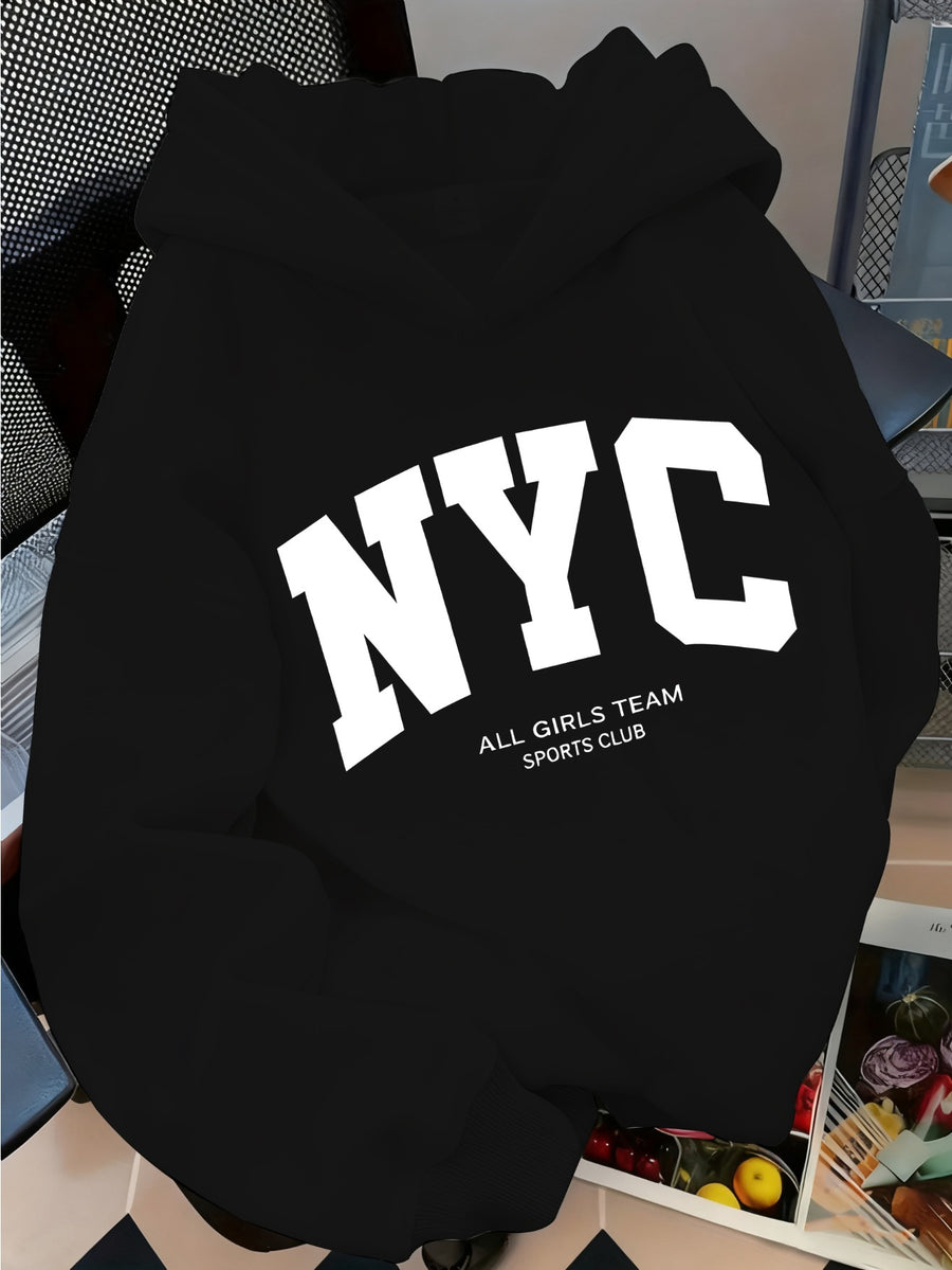 Trendy Letter Women'S Casual Hooded Sweatshirt with Front Print - Machine Washable, All-Season Versatile Pullover, Fashionable And Trendy, Durable Material, Comfortable Fabric, Printed Sweatshirt, Casual Wear, Urban Style, Fashion Enthusiast - Black