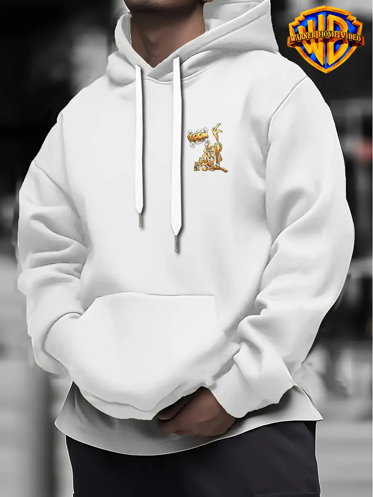Warner Bros Official 1pc, Vintage Monochrome Gilded Original Art BOOM Exploding Crooked Heart Wolf Cartoon Streetwear Hoodie - Men's Fashion Hoodie, Double-Sided Front and Back Print, Adjustable Drawstring Loose and Comfortable Sweatshirt - White