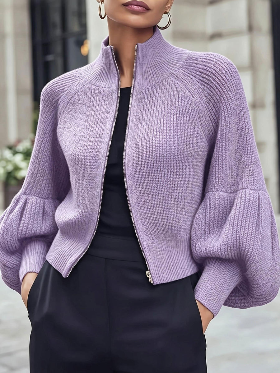 New Autumn/Winter 2026 Commuter Style Stand Collar Zipper Short Cardigan - Violet