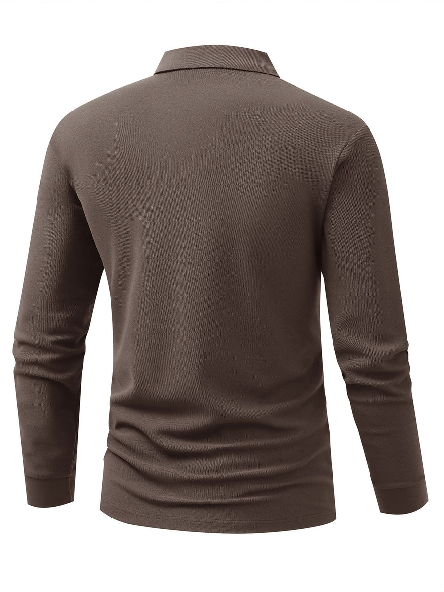 MILAN Fashion Letter Print Color-Block Pattern Men'S Long Sleeve POLO Shirt, Summer Long Sleeve T-Shirt, Business Casual Sporty Style Stretch Comfortable Style Golf Shirt, Summer Essential Business Top - Coffee Brown