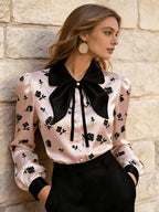 Women's Satin Rose-print Top, Long-sleeve Button-up Shirt with Bow Collar - Pink Color