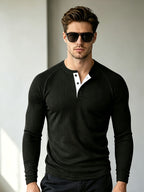 Men's Waffle Knit Henley Long Sleeve Shirts, Raglan Sleeve 3 Button Placket Crew Neck T-Shirt, Casual Slim Fit Lightweight Basic Tops for Daily Workout Outdoor Winter Clothes for Men - Black