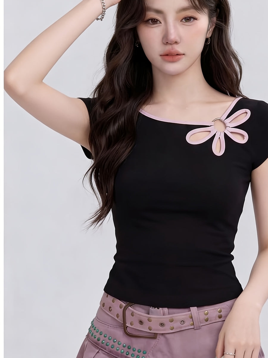 Sweet Cool Hot Floral Hollow Out Contrast Off-Shoulder Short Sleeve T-Shirt Women'S Summer Short Top - Black