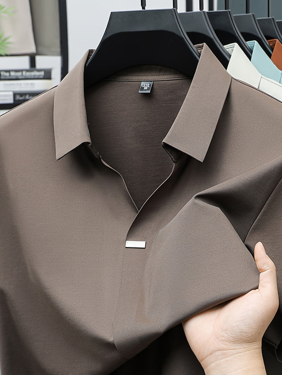 Summer New Men'S Short Sleeve Shirt Outerwear Fashion Trendy All-Match V-Neck Polo Collar - SINBOS - Coffee Color