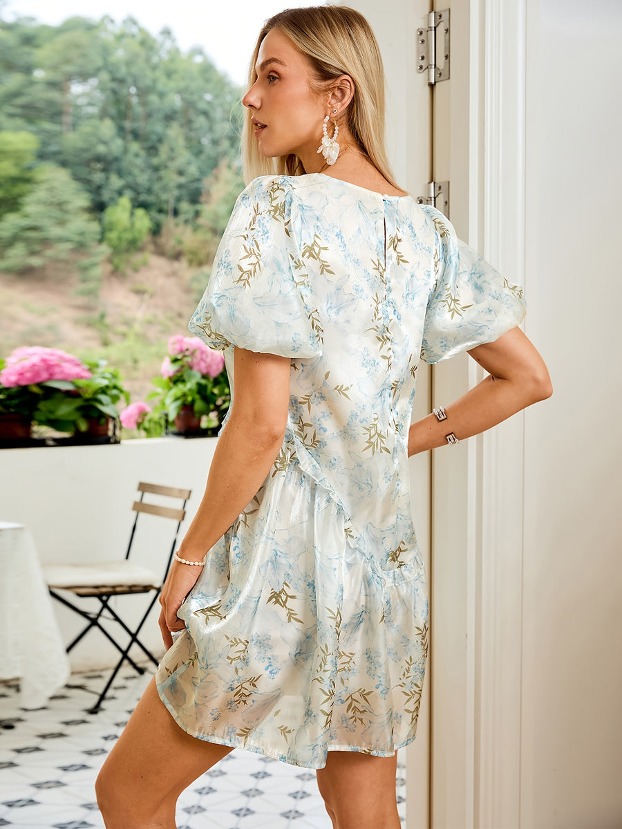 SOLLINARRY Women's Elegant White & Blue-Golden Floral Chiffon Dress with Puff Sleeves & Ruffle A-Line Short Skirt - Fitted Wedding Guest Dress Suitable for Parties, Banquets, Prom, Formal Attire - Off-white