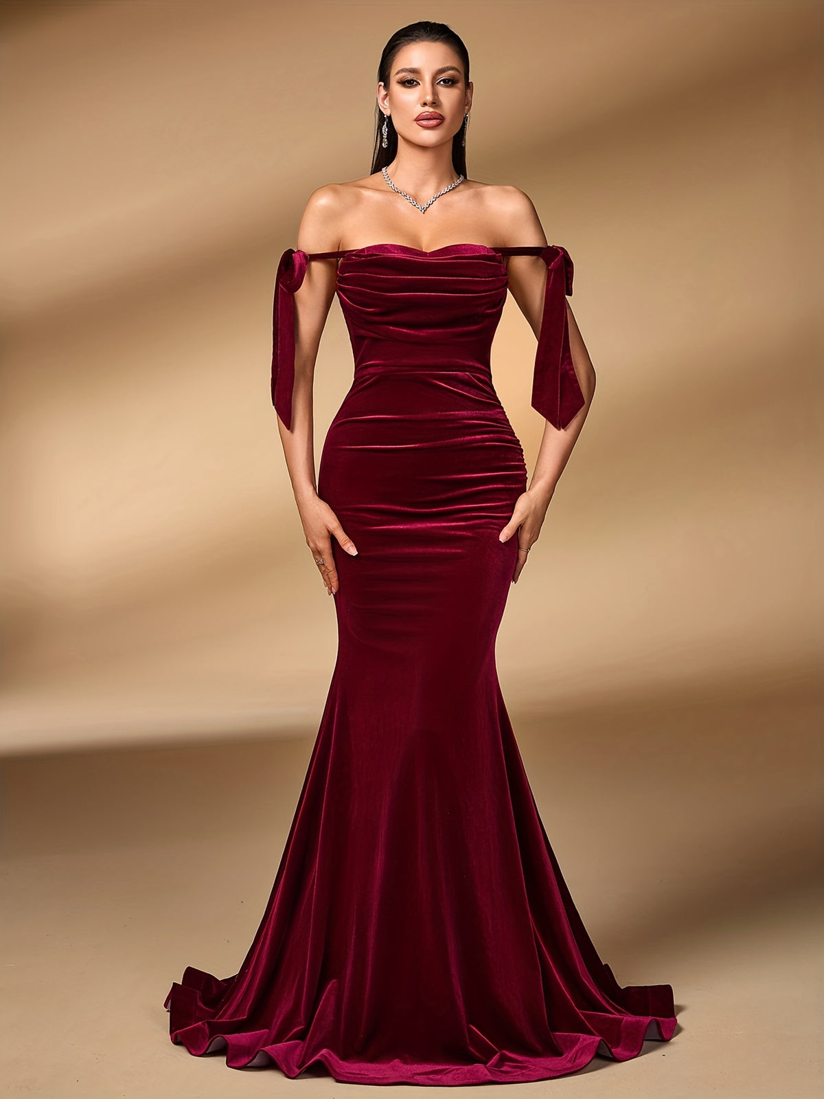 Women'S Elegant Off-The-Shoulder Wedding Bridesmaid Evening Party Dress - Burgundy