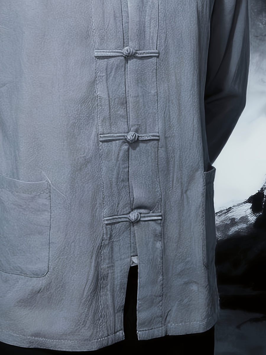 New Chinese Style Men'S Long Sleeve Shirt - And Linen Ethnic Characteristic Practice Clothes - Zen Retro Tang Style Thin Jacket (Solely Includes One Jacket) - Lead Color